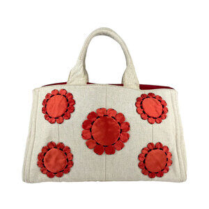 Prada Canapa Canvas Tote Bag Beige Tan Red